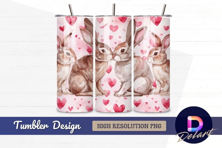 Watercolor rabbits with hearts for valentine Tumbler PNG Des