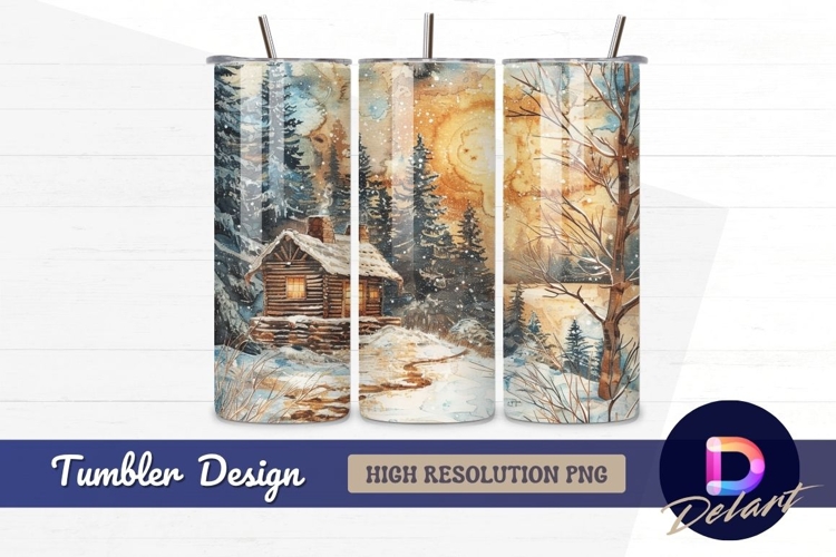 Winter cabin watercolor landscape Tumbler PNG Design