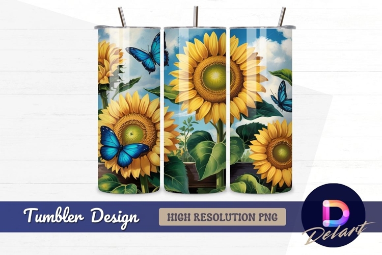 Sunflowers and blue butterflies tumbler wrap design