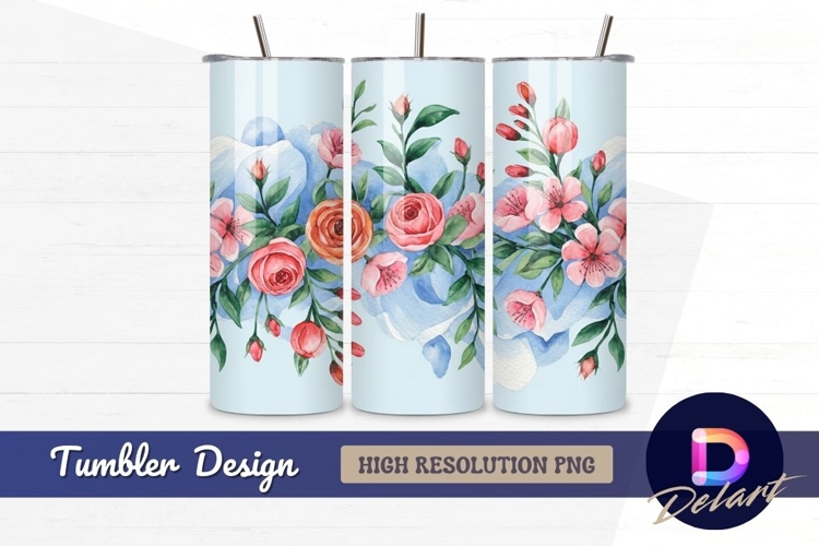 Watercolor floral border with blue background tumbler wrap