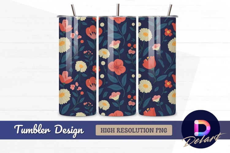 Floral pattern with flowers on navy Tumbler Wrap PNG Design