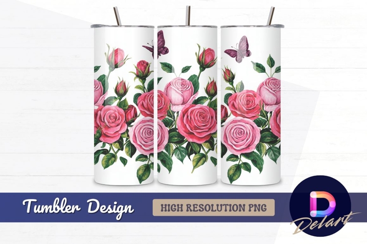 Pink roses and butterflies Tumbler Wrap PNG Design