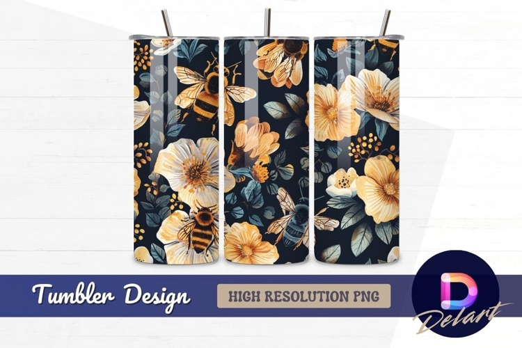 Floral pattern with bees Tumbler PNG Design