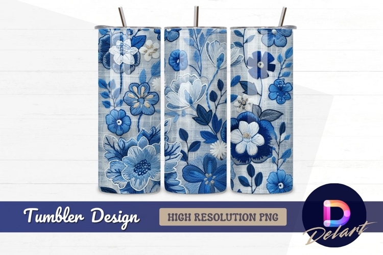 Blue floral embroidery Tumbler PNG Design