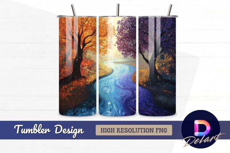 Autumn river flowing between two trees Tumbler PNG Design