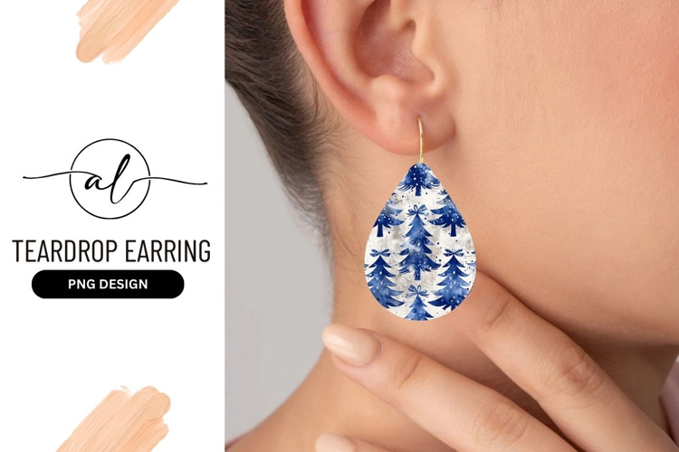 Blue Teardrop Earring with Christmas Trees