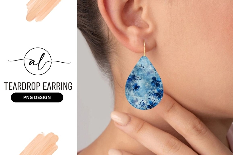 Blue Floral Teardrop Earring Png Design
