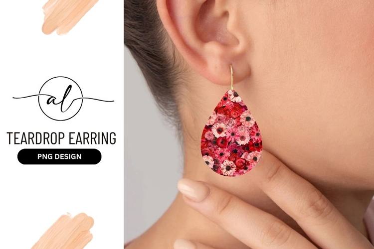 Red And Pink Floral Teardrop Earring Png