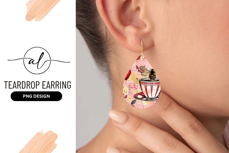 Bee On Teacup Teardrop Earring Png Design