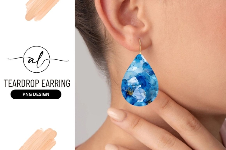 Blue Floral Alcohol Ink Teardrop Earring Png