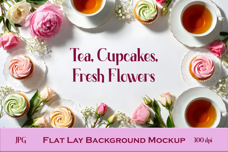 Fresh Floral Cupcakes Tea Party Flat Lay Background Mockup