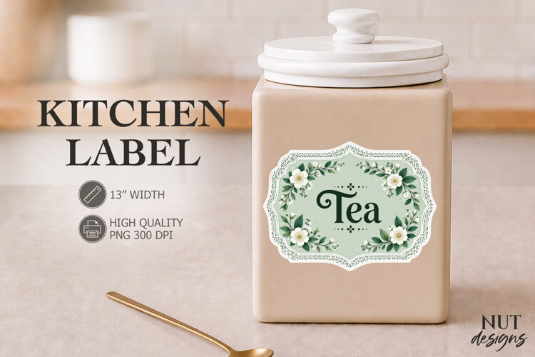 Vintage Green Floral Tea Kitchen Label Pantry Label example image 1
