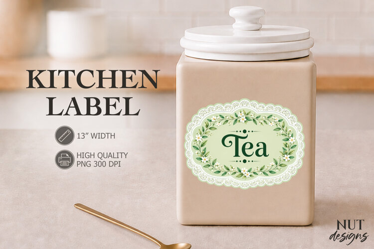 Vintage Green Floral Tea Kitchen Label Pantry Label example image 1