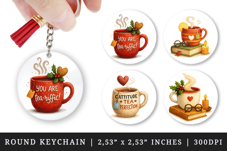 Tea Lover round keychain pintable sublimation design png