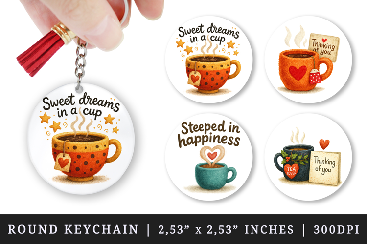 Tea Lover round keychain pintable sublimation design png