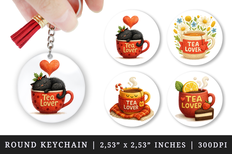 Tea Lover round keychain pintable sublimation design png