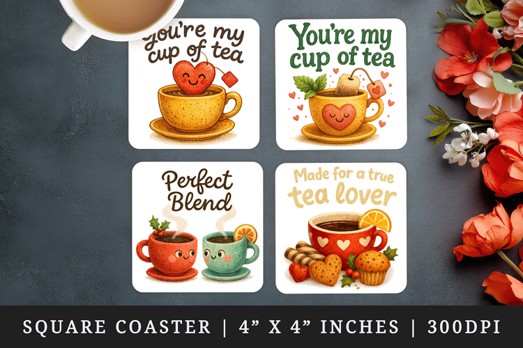 Tea Lover square coaster sublimation, coasters design