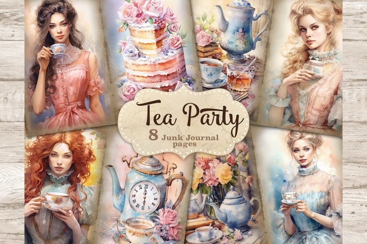 Junk Journal watercolor vintage pages with girls in Victorian dresses holding cups of tea. Girls have different shades of hair colors. Watercolor multi-tiered cake decorated with roses. Tea set for the tea ceremony of teapots, cups, saucers and flowers