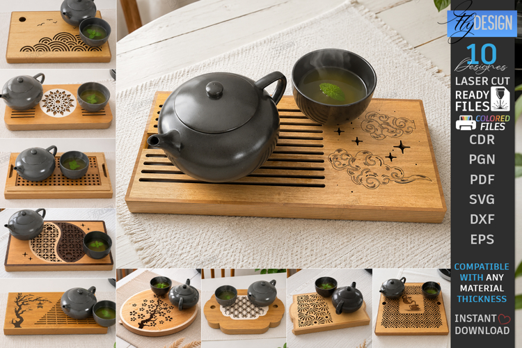 Wooden Tea Serving Tray Laser Cut Bundle | Gongfu Tea Table