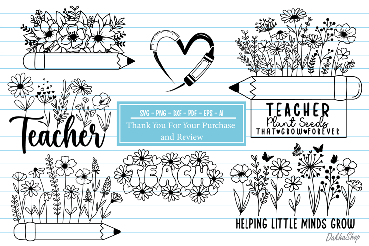 Teacher Svg, Pencil Flower Svg, Floral Pencil Split Monogram