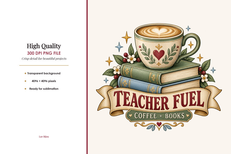 Teacher Fuel Coffee Books PNG example image 1