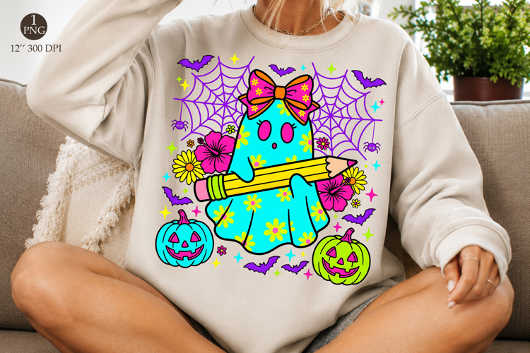 Teacher Ghost Png, Cute Halloween Floral Ghost Sublimation