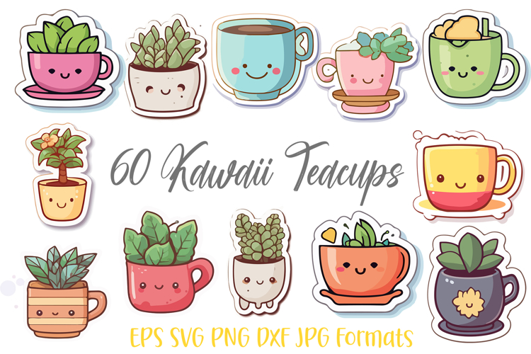 60 Teacup Cup Houseplant Kawaii Cartoon Sicker Illustration