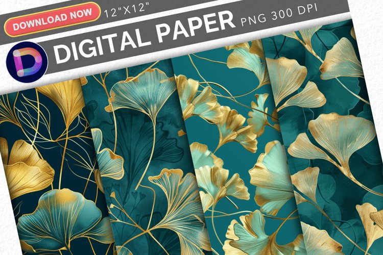 Teal and Gold Ginkgo Digital Paper example image 1