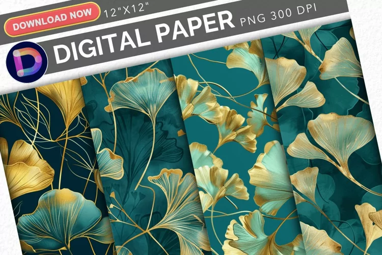 Teal and Gold Ginkgo Digital Paper
