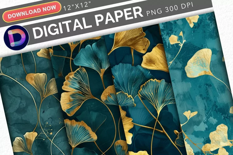 Teal and Gold Ginkgo Digital Paper
