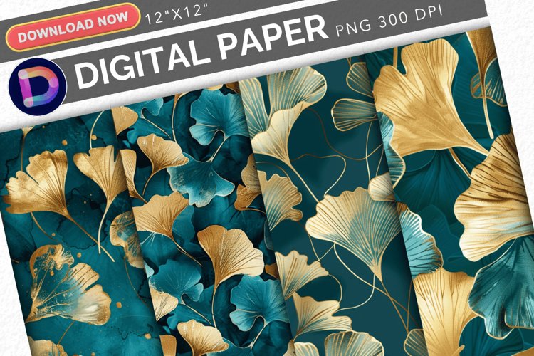 Teal and Gold Ginkgo Digital Paper example image 1