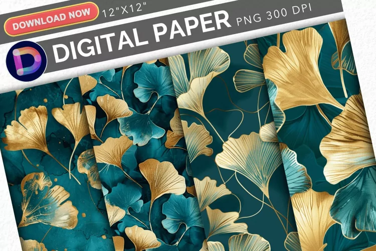 Teal and Gold Ginkgo Digital Paper