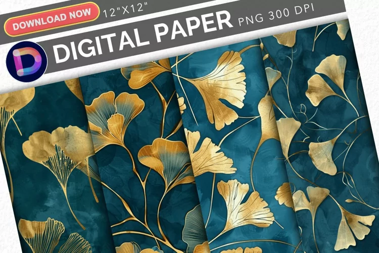 Teal and Gold Ginkgo Digital Paper