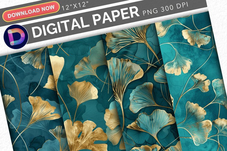Teal and Gold Ginkgo Digital Paper example image 1