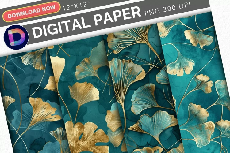 Teal and Gold Ginkgo Digital Paper