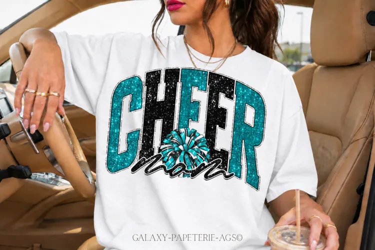 Cheer Mom PNG | Teal Black Glitter Pom Pom Design