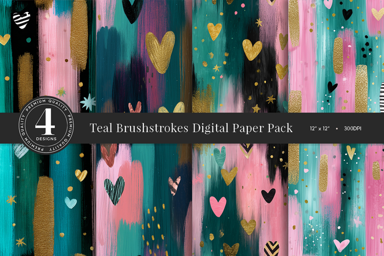 Teal Brushstrokes Hearts Digital Paper Pack