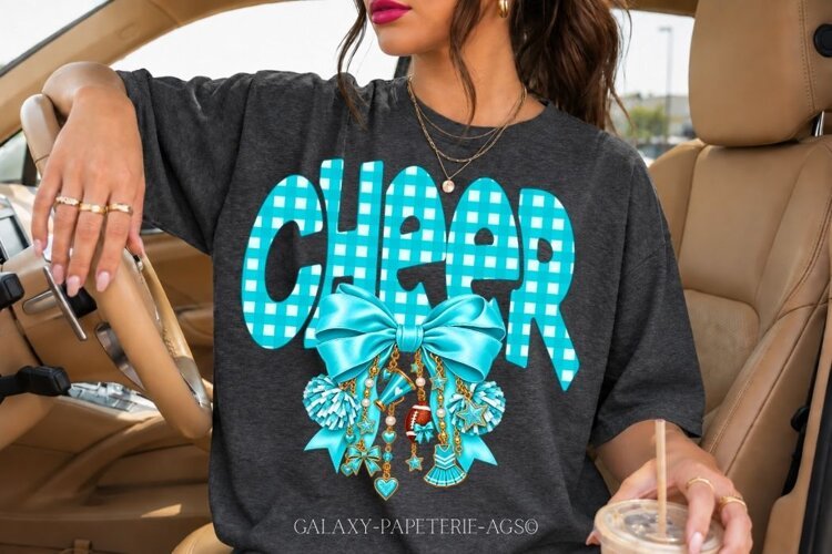 Teal Gingham Cheer PNG with Bow and Charms