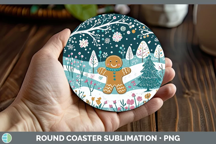 Teal Christmas Gingerbread Man Round Coaster Sublimation Coa