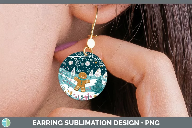 Teal Christmas Gingerbread Man Round Earrings Sublimation Ea