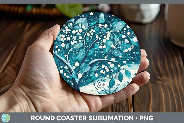Teal Christmas Mistletoe Round Coaster Sublimation Coaster D