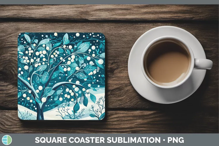 Teal Christmas Mistletoe Square Coaster Sublimation Coaster