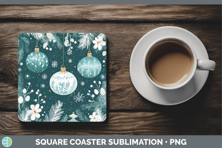 Teal Christmas Ornaments Square Coaster Sublimation Coaster