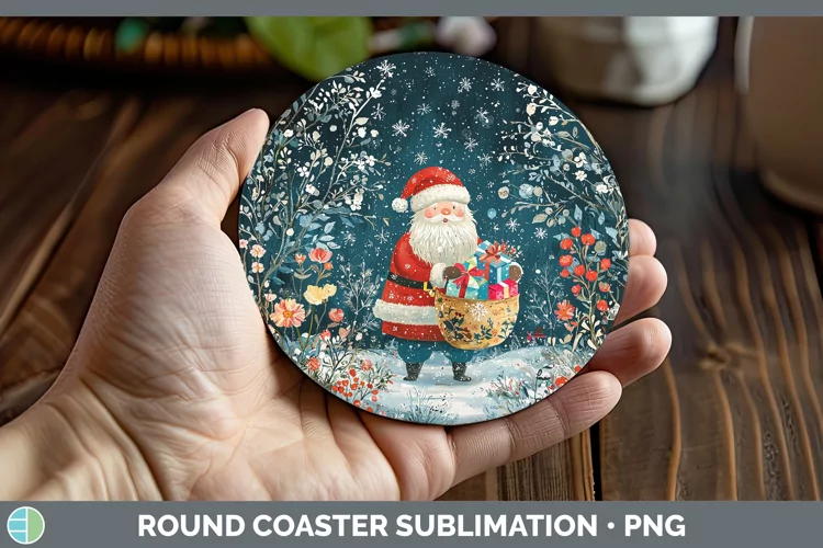 Teal Christmas Santa Gifts Round Coaster Sublimation Coaster
