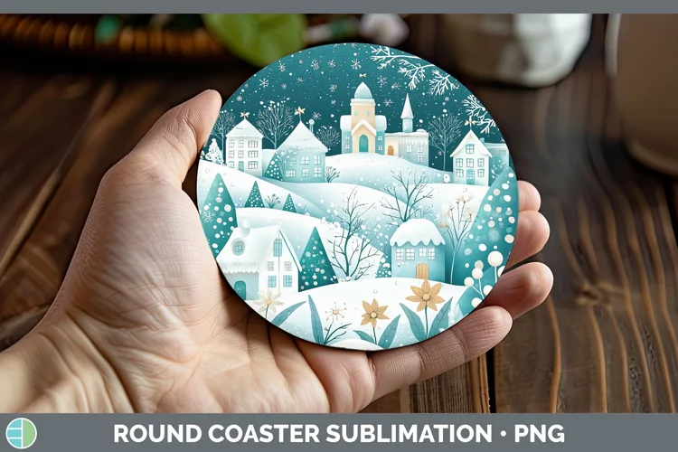 Teal Christmas Village Round Coaster Sublimation Coaster Des