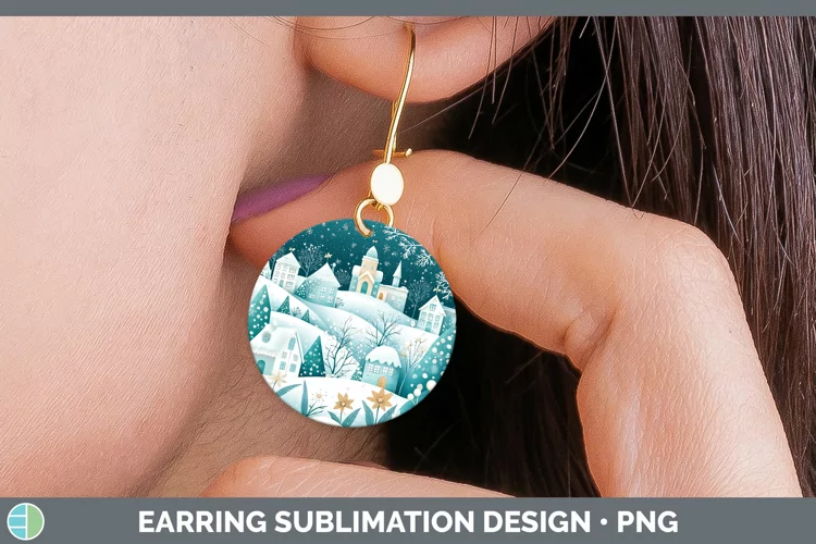 Teal Christmas Village Round Earrings Sublimation Earrings D