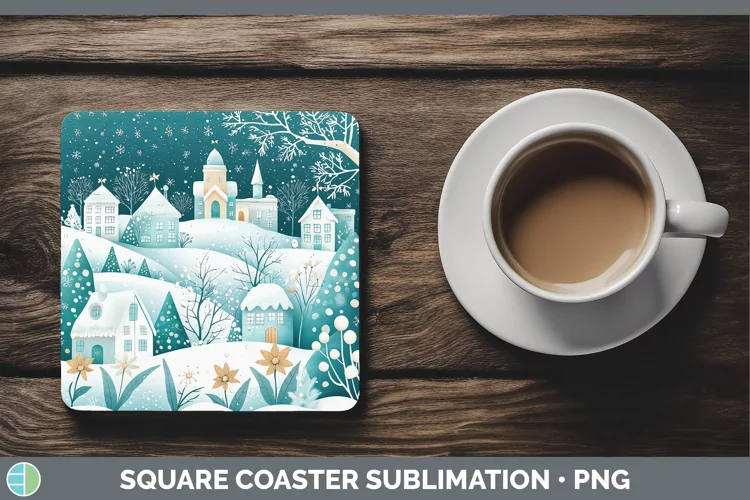 Teal Christmas Village Square Coaster Sublimation Coaster De