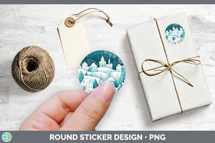 Teal Christmas Village Stickers | Round Labels Designs