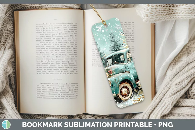 Teal Christmas Vintage Truck Bookmark Sublimation Printable