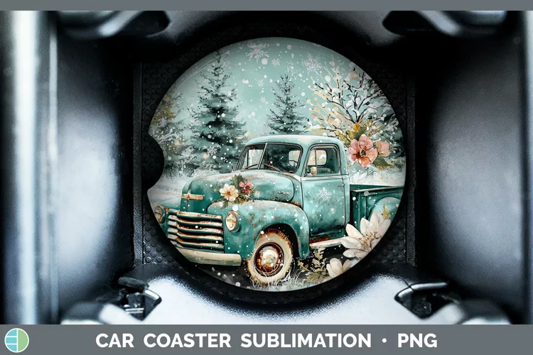 Teal Christmas Vintage Truck Car Coaster Sublimation Design